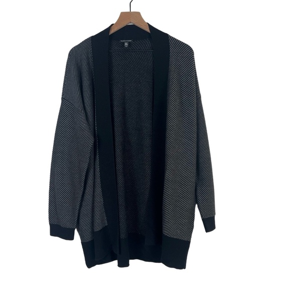 Eileen Fisher Cardigan Size Medium Black Gray Striped Open Front Shawl Collar - Picture 1 of 11